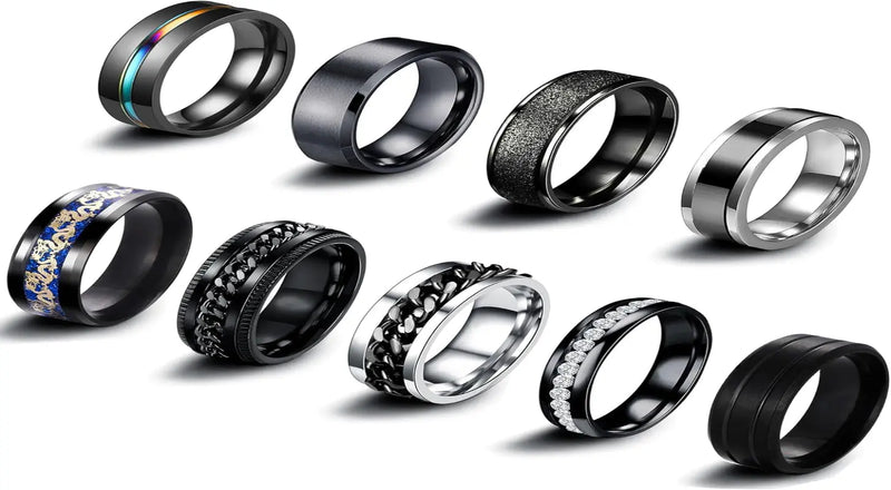 Black Nine Fold mens rings set with spinner chains - premium stainless steel promise rings