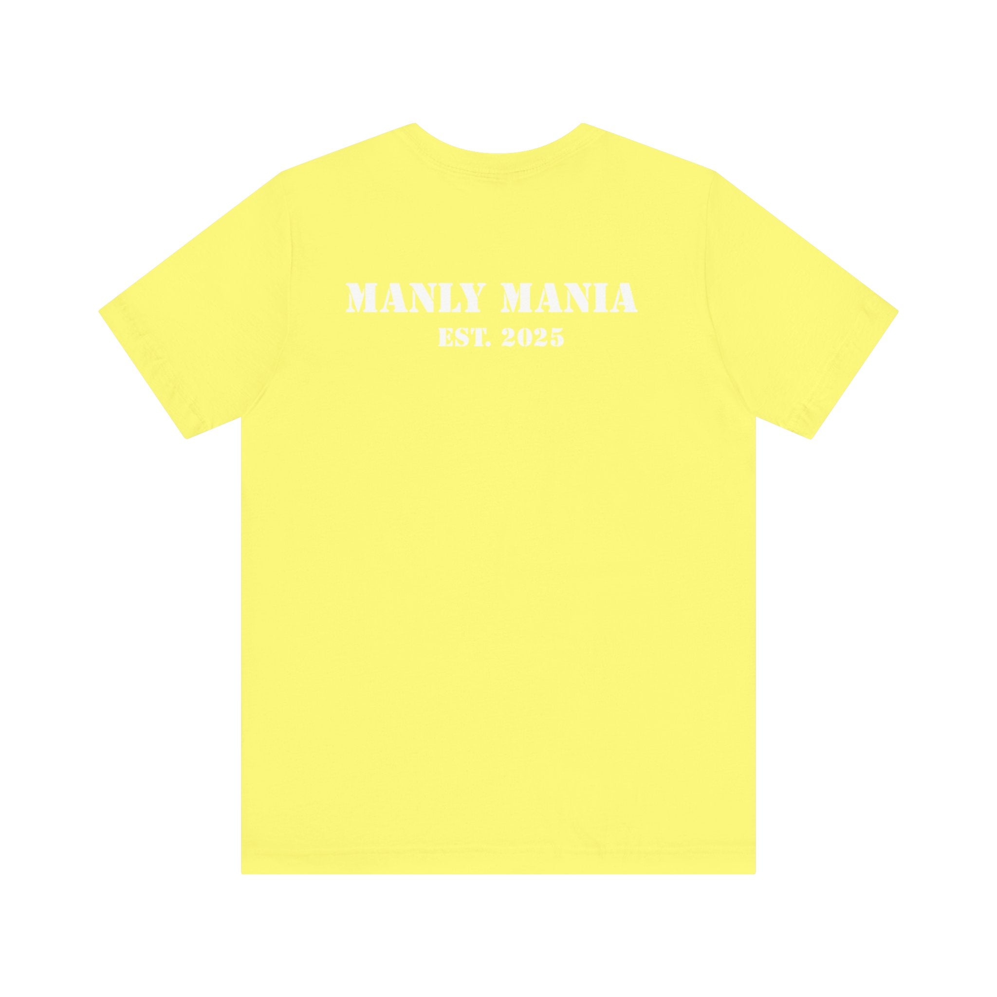  Manly Mania Core men's yellow t-shirt back view, graphic tee