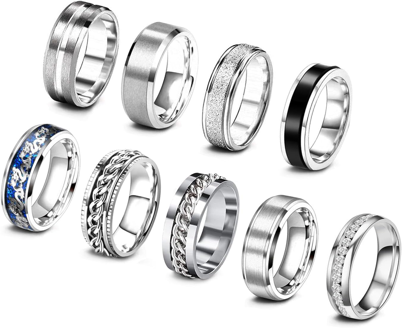 Silver Nine Fold mens rings set with spinner chains - premium stainless steel promise rings