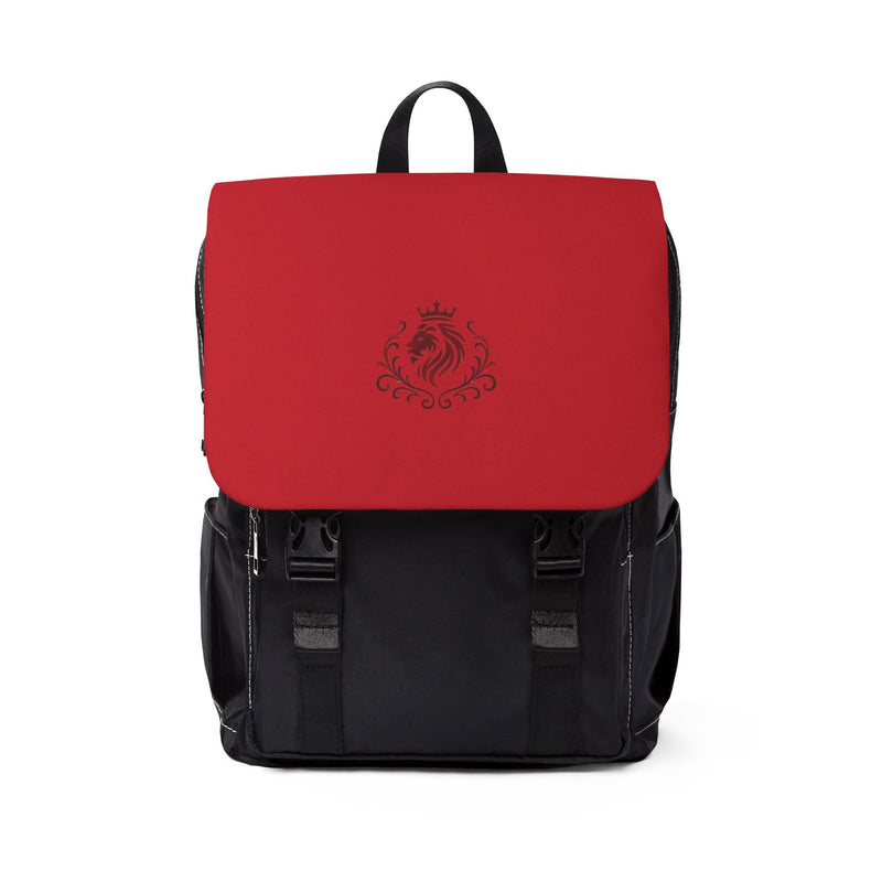 Crimson Crest Backpack — Heraldic Lion Flap Carry Printify