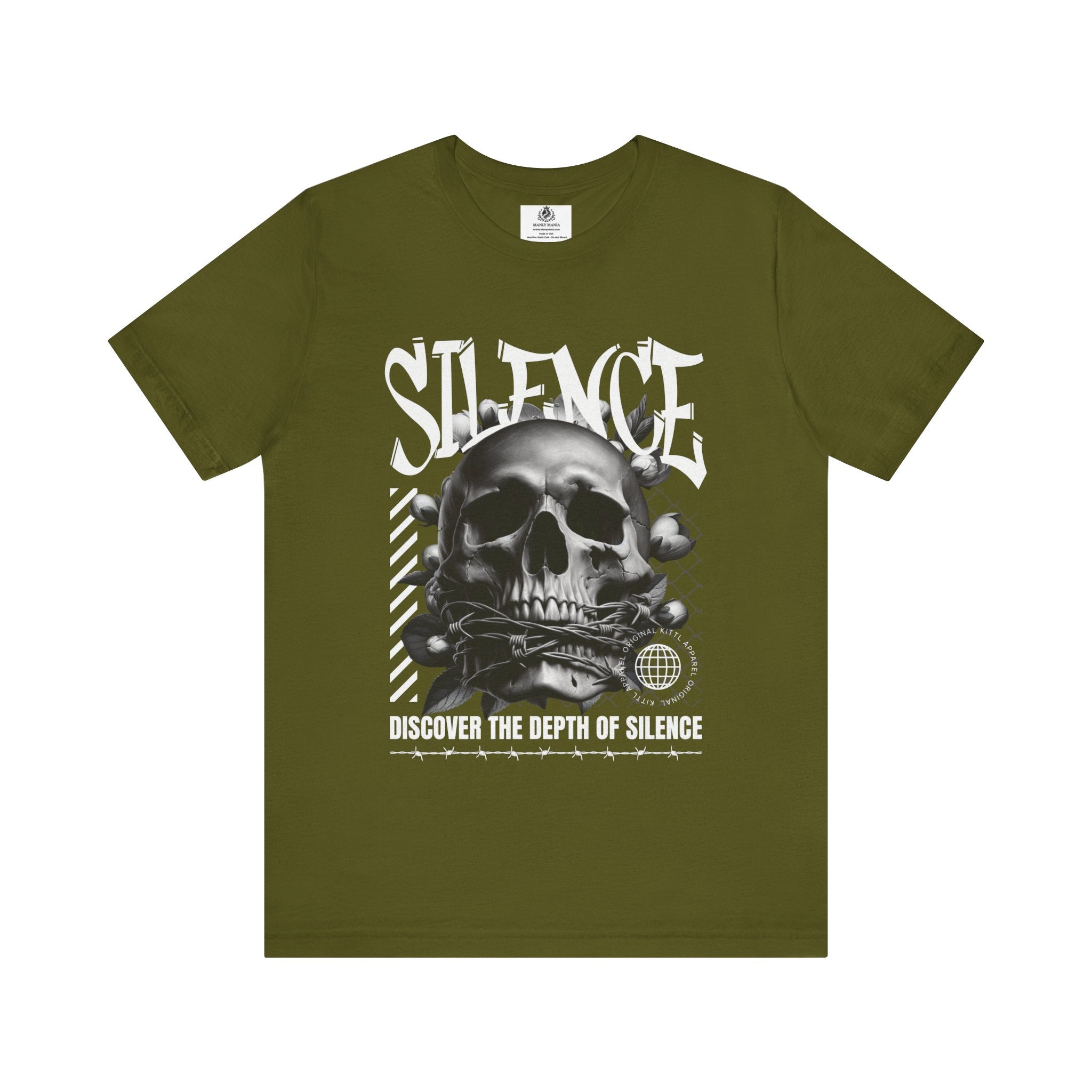 Manly Mania The Silence Tee Olive Front View – Men’s Graphic T Shirt