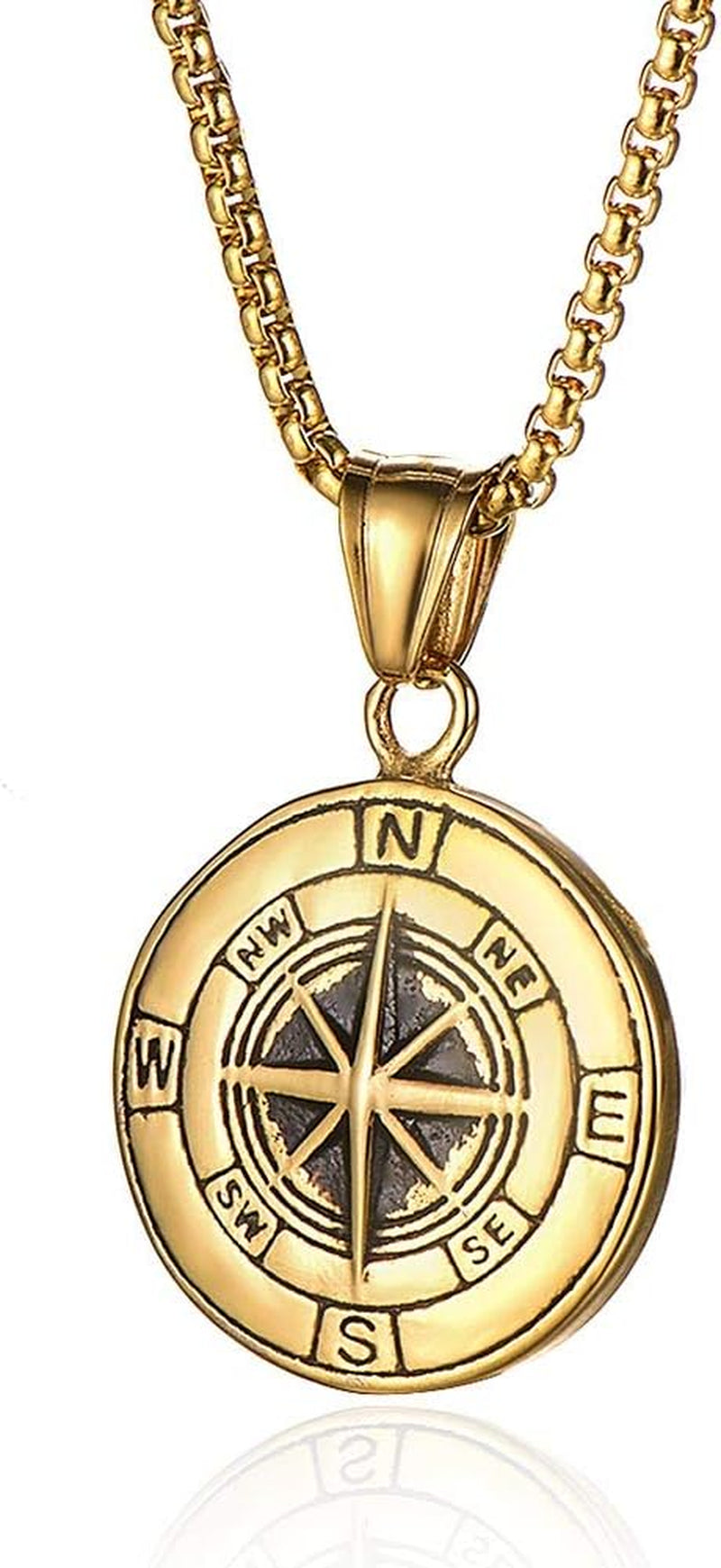 Manly Mania Gold Dominion Compass pendant necklace front view – stainless steel men's chain and pendant