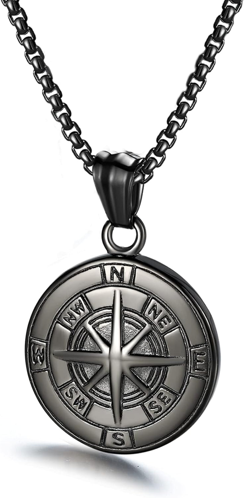Manly Mania Black Dominion Compass pendant necklace front view – stainless steel men's chain and pendant