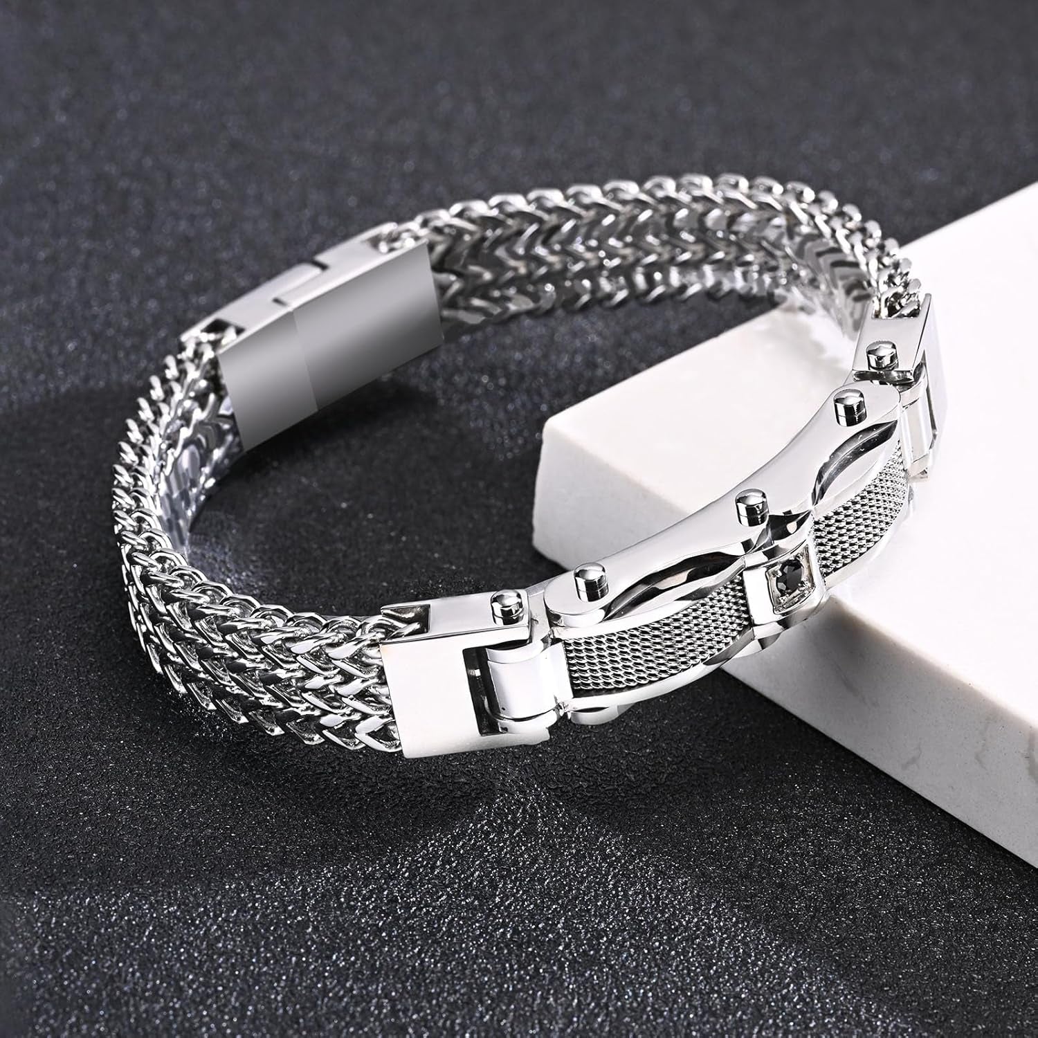 Secure clasp detail on stainless steel mens bracelet - Titanium Edge