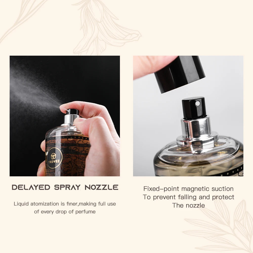 Confident man applying Dominion Trovez Oud perfume – masculine oud cologne