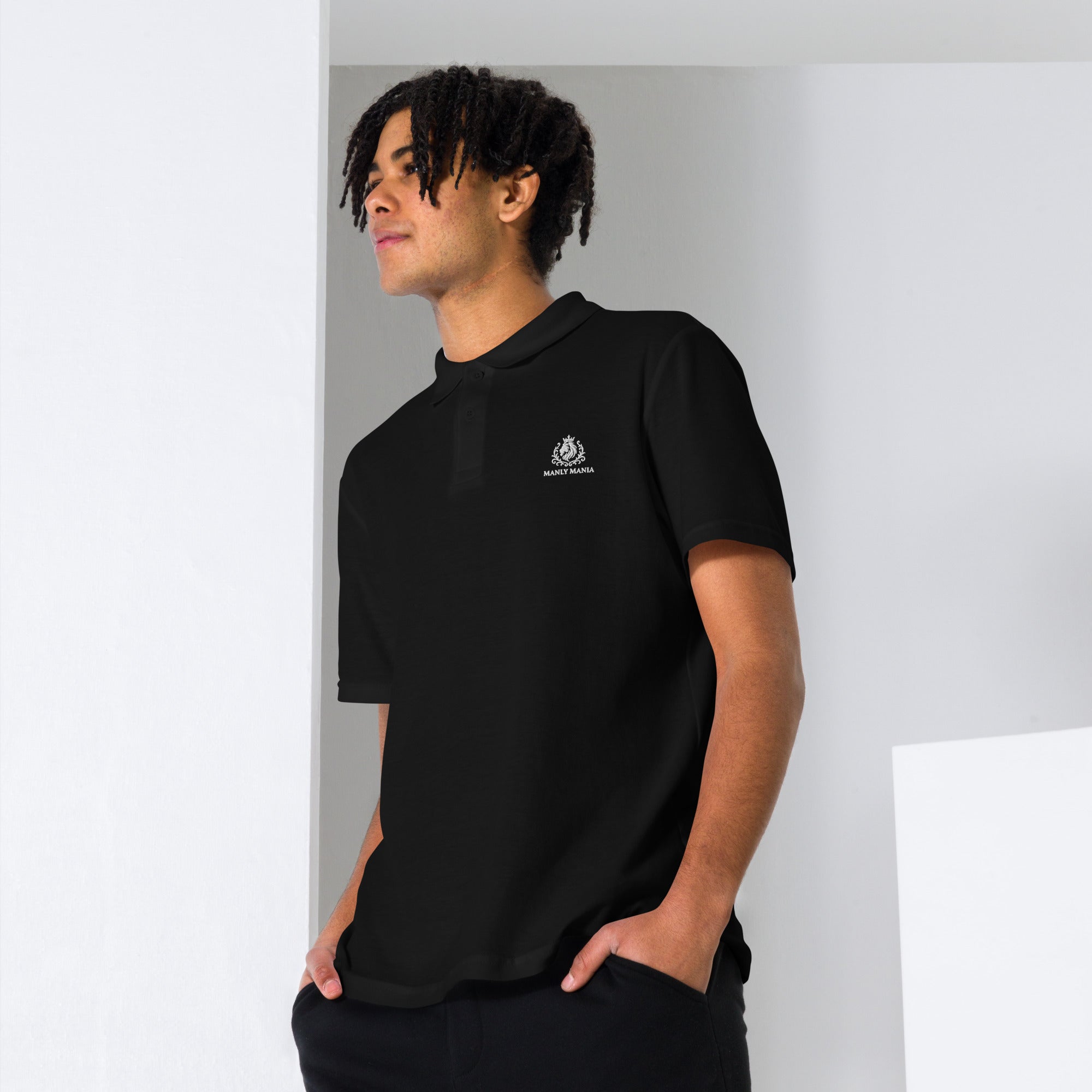 Black close-up view Manly Mania Legacy polo shirt