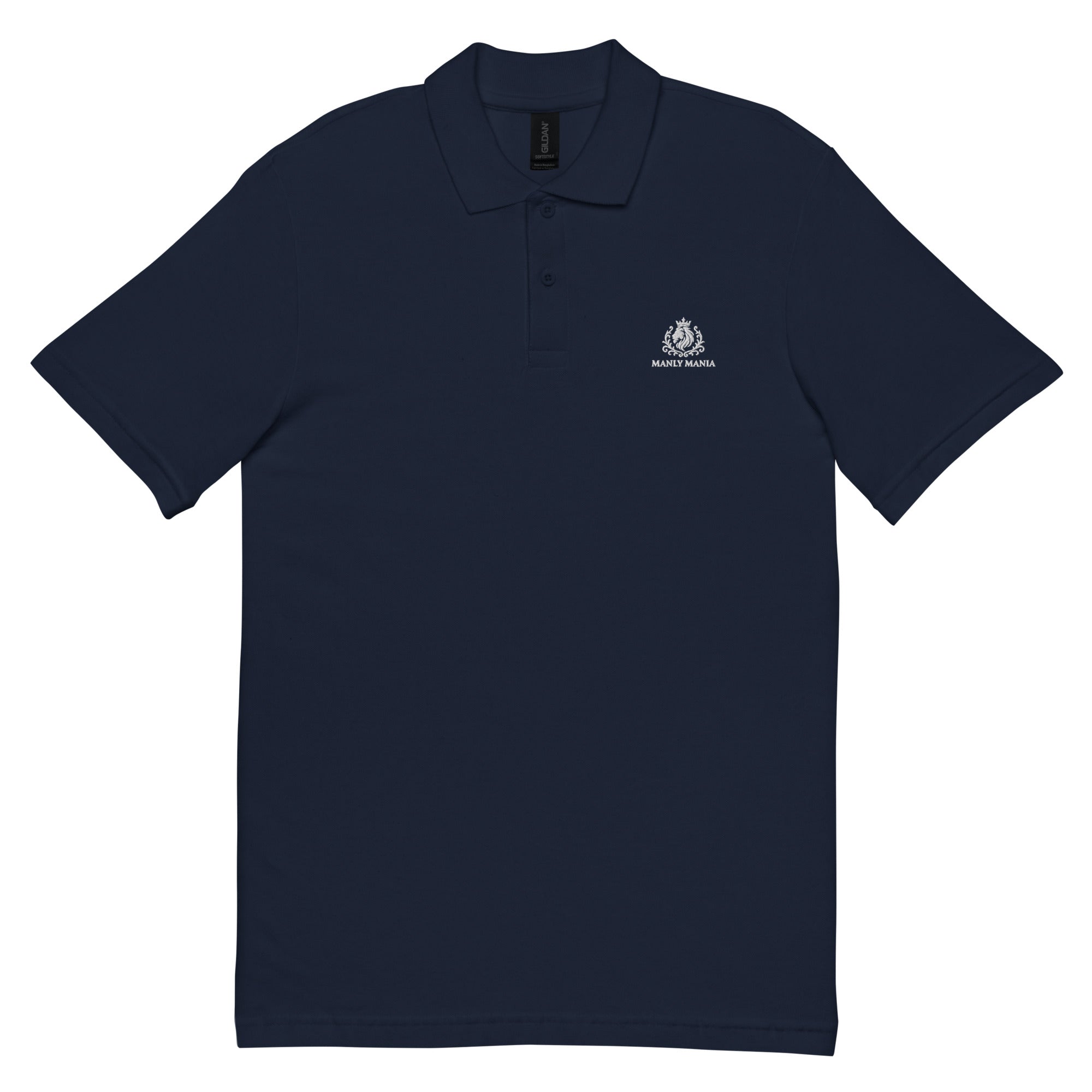 Navy front view Manly Mania Legacy polo shirt