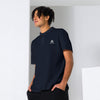 Navy close-up view Manly Mania Legacy polo shirt