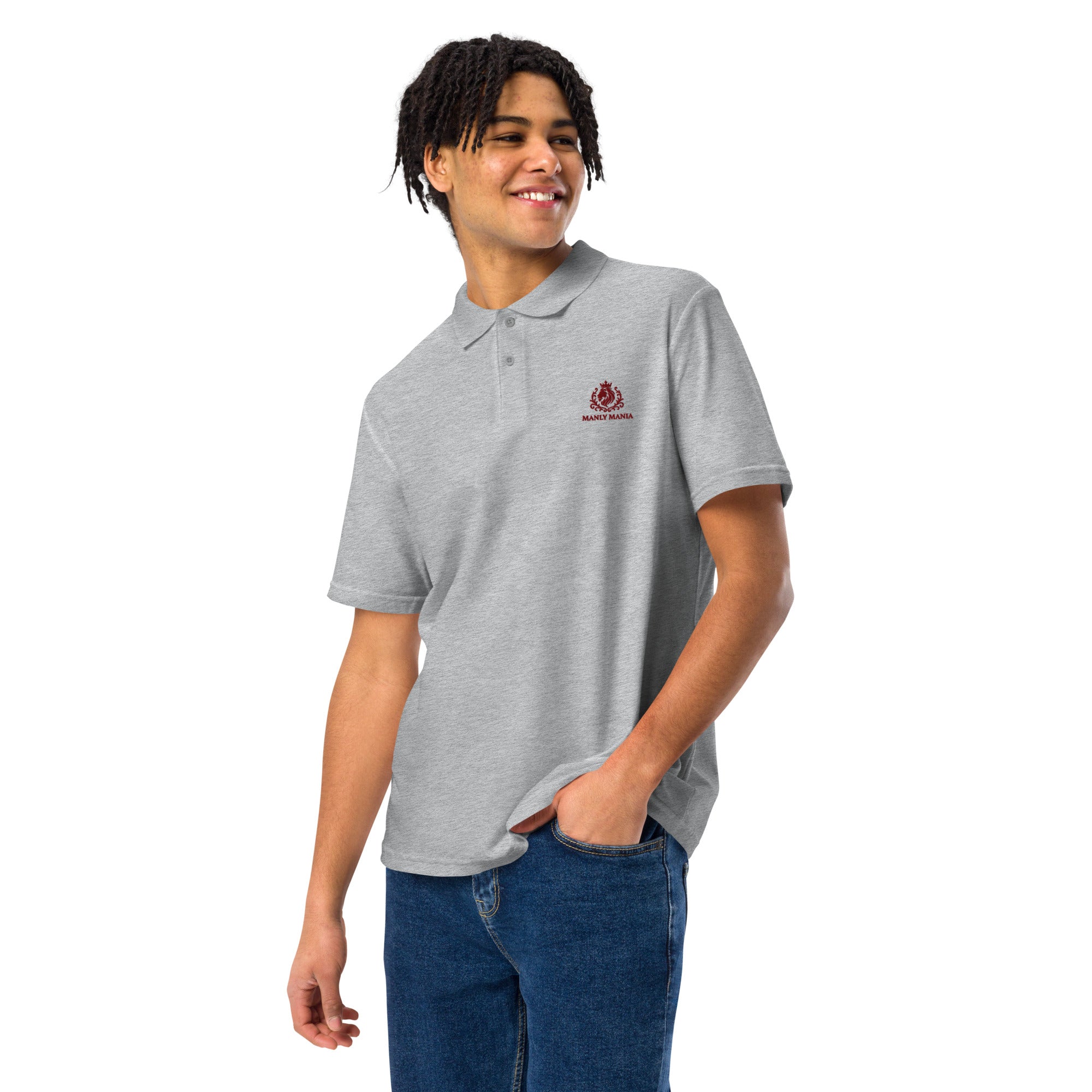 Close-up of fabric and collar of Manly Mania Giant Polo Shirt in Sport Grey