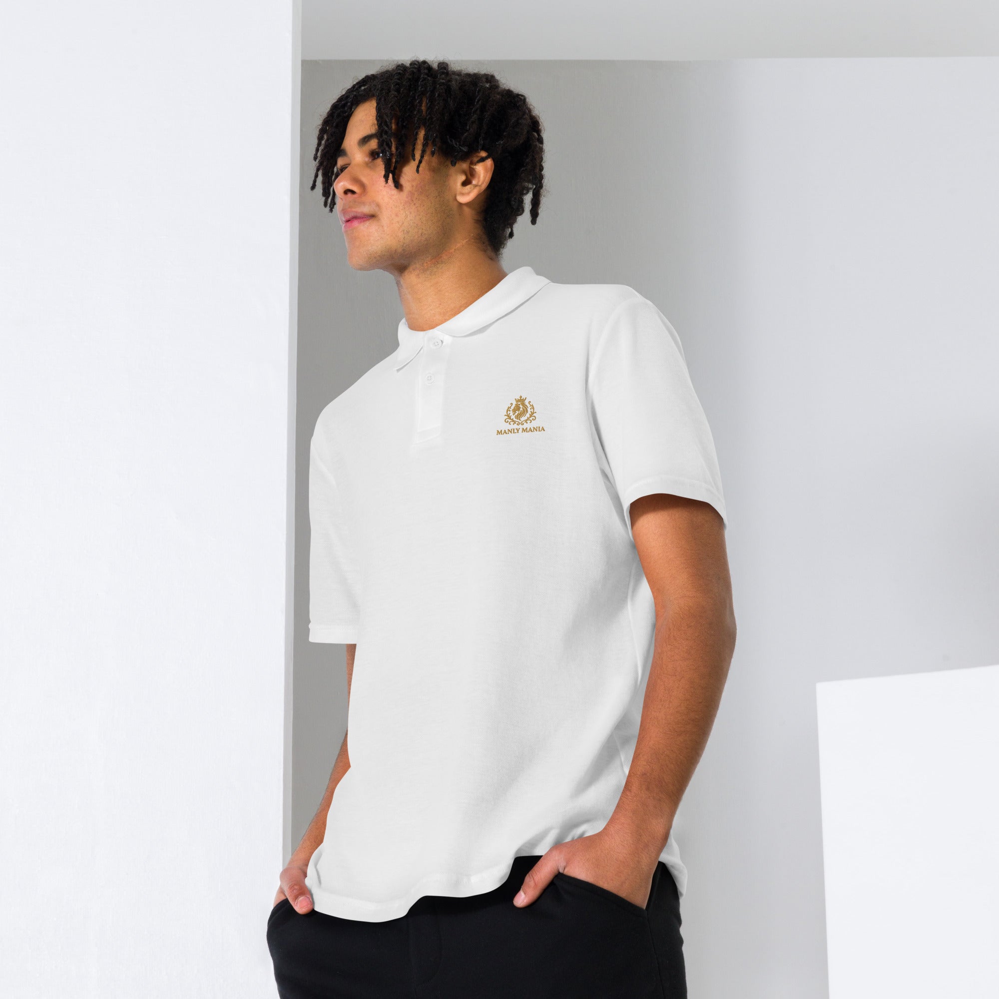 Golden Titan Polo Shirt in White - Embroidered Detail Close-Up